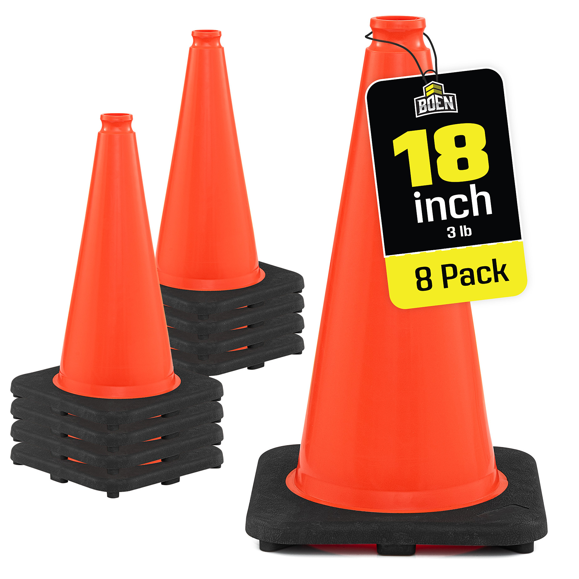 Boen 18 in, Orange Traffic Cone, 8-Pack, High-Visibility Safety Cones with Heavy-Duty Base for Parking, Events & Traffic Control